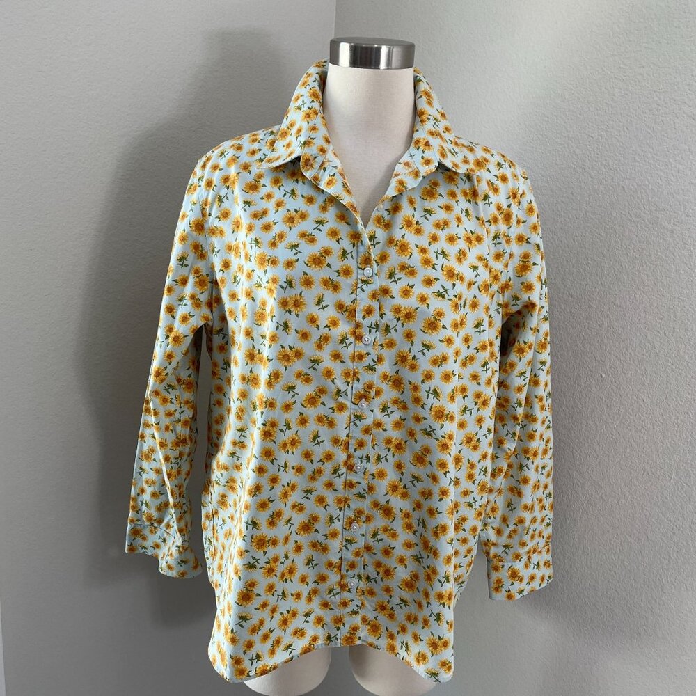 Lands End Womens 18P No Iron Supima Cotton Shirt Sunflower Long Sleeve Blouse